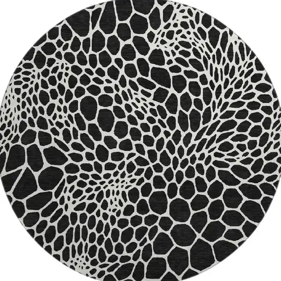8' Black And Ivory Geometric Washable Round Rug With UV Protection Photo 4