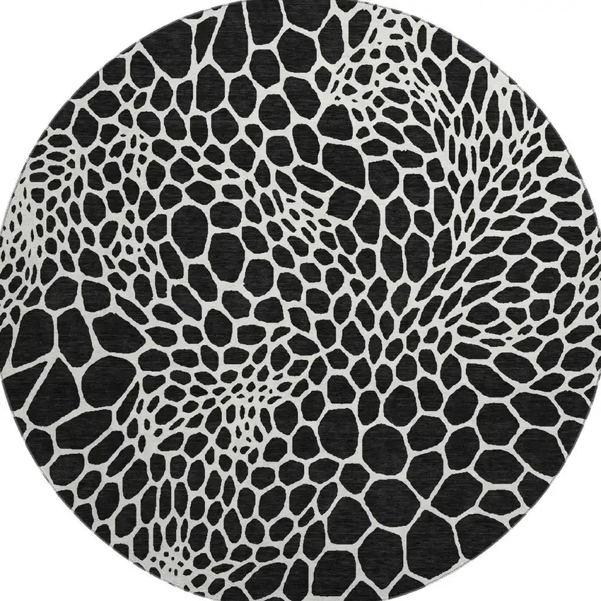 8' Black And Ivory Geometric Washable Round Rug With UV Protection Photo 4