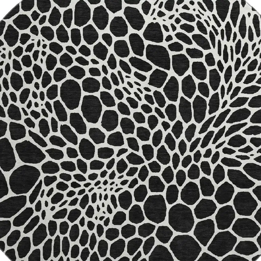 8' Black And Ivory Geometric Washable Round Rug With UV Protection Photo 3