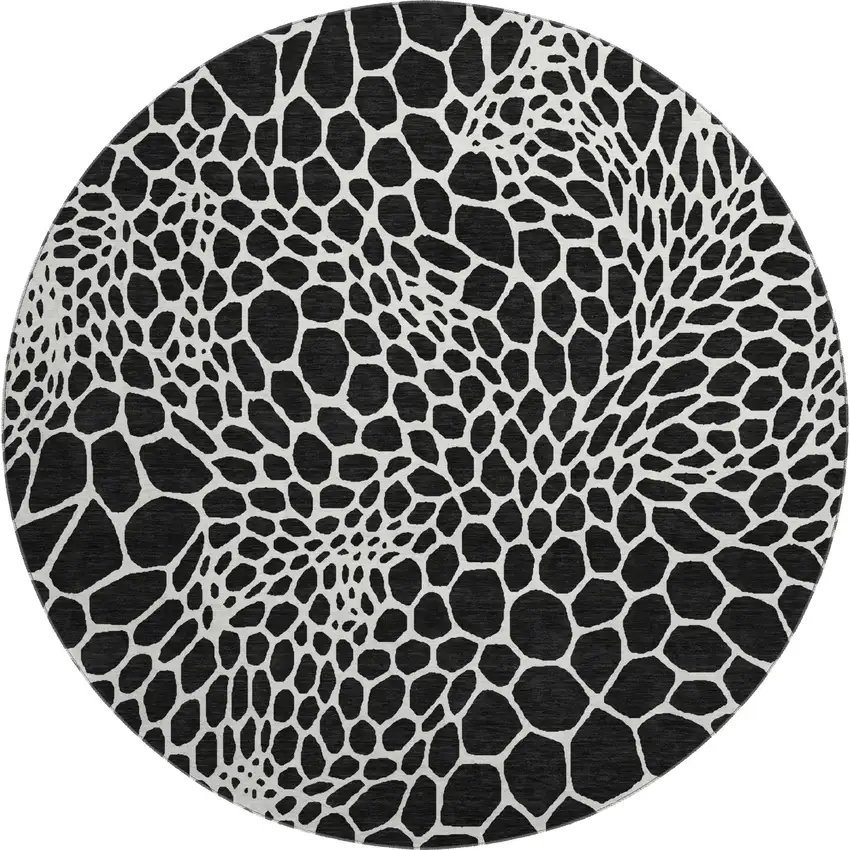 8' Black And Ivory Geometric Washable Round Rug With UV Protection Photo 1