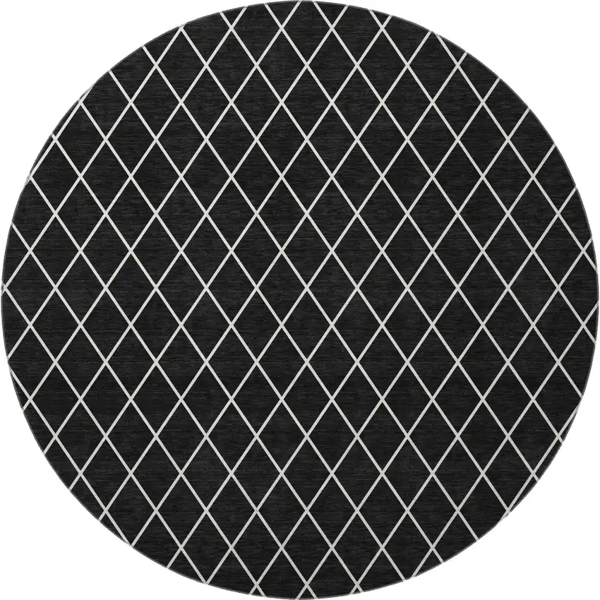8' Black And Ivory Geometric Washable Round Rug With UV Protection Photo 3