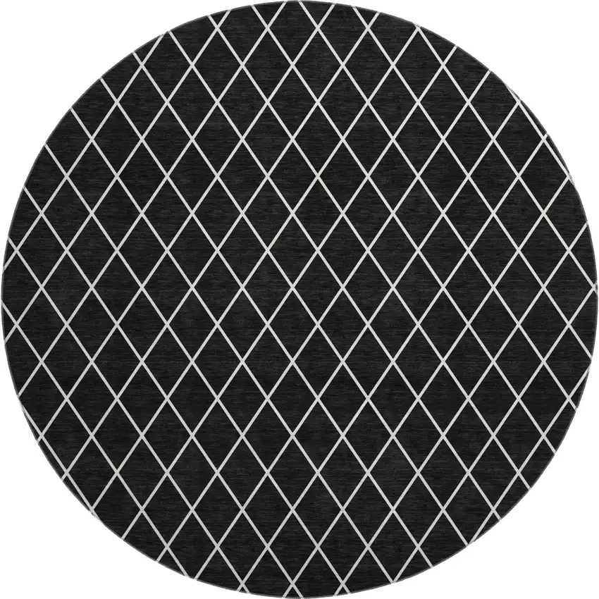 8' Black And Ivory Geometric Washable Round Rug With UV Protection Photo 1