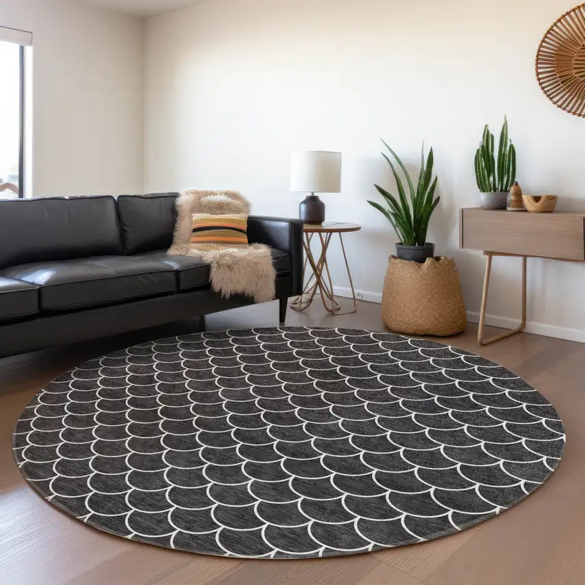 8' Black And Ivory Geometric Washable Round Rug With UV Protection Photo 4