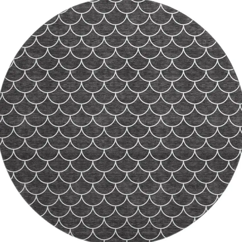 8' Black And Ivory Geometric Washable Round Rug With UV Protection Photo 2