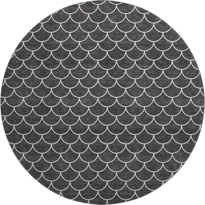 8' Black And Ivory Geometric Washable Round Rug With UV Protection Photo 1