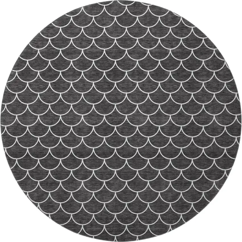 8' Black And Ivory Geometric Washable Round Rug With UV Protection Photo 3