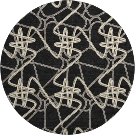 8' Black And Ivory Geometric Washable Round Rug With UV Protection Photo 1