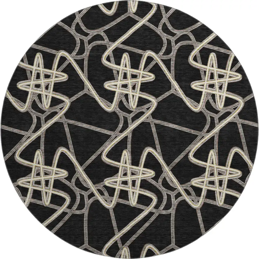 8' Black And Ivory Geometric Washable Round Rug With UV Protection Photo 1