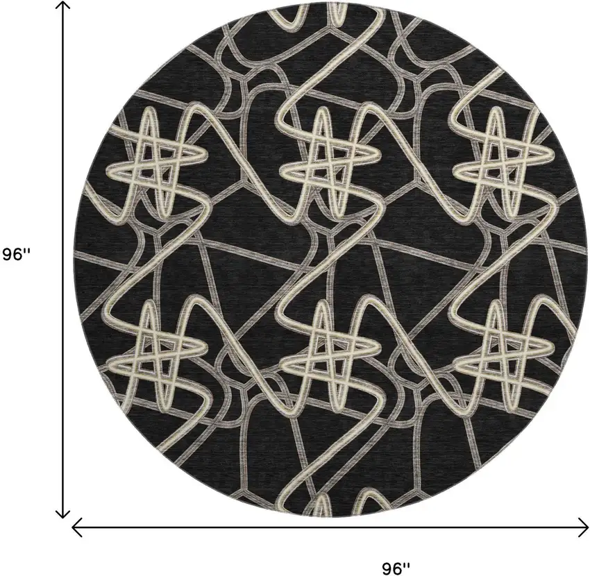 8' Black And Ivory Geometric Washable Round Rug With UV Protection Photo 9