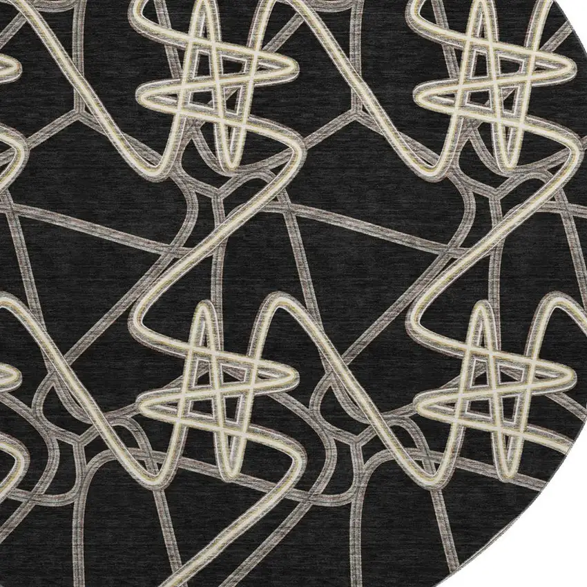 8' Black And Ivory Geometric Washable Round Rug With UV Protection Photo 2