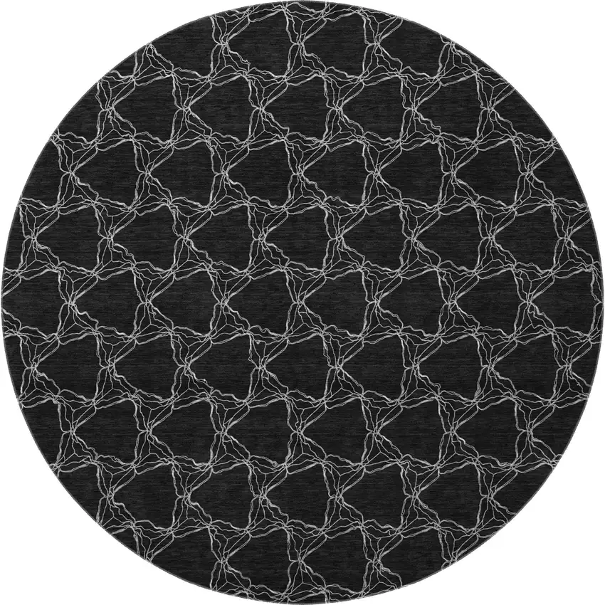 8' Black And Ivory Geometric Washable Round Rug With UV Protection Photo 3