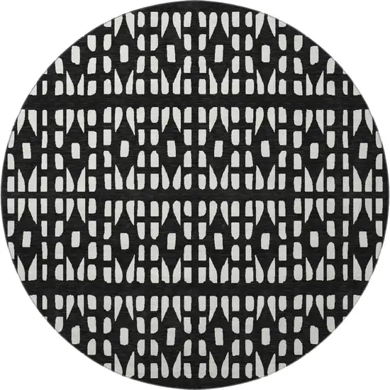 8' Black And Ivory Geometric Washable Round Rug With UV Protection Photo 3