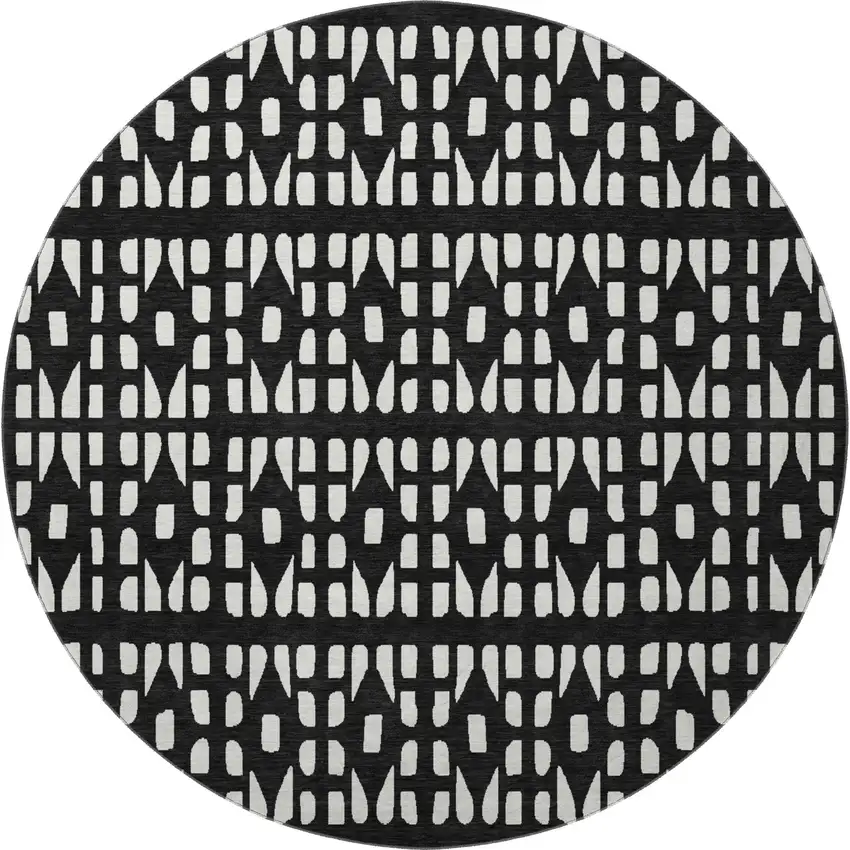 8' Black And Ivory Geometric Washable Round Rug With UV Protection Photo 3