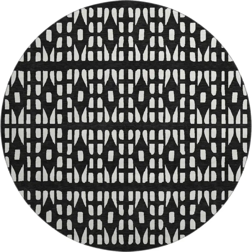 8' Black And Ivory Geometric Washable Round Rug With UV Protection Photo 1