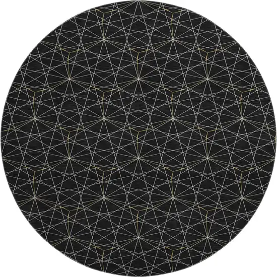 8' Black And Ivory Geometric Washable Round Rug With UV Protection Photo 1