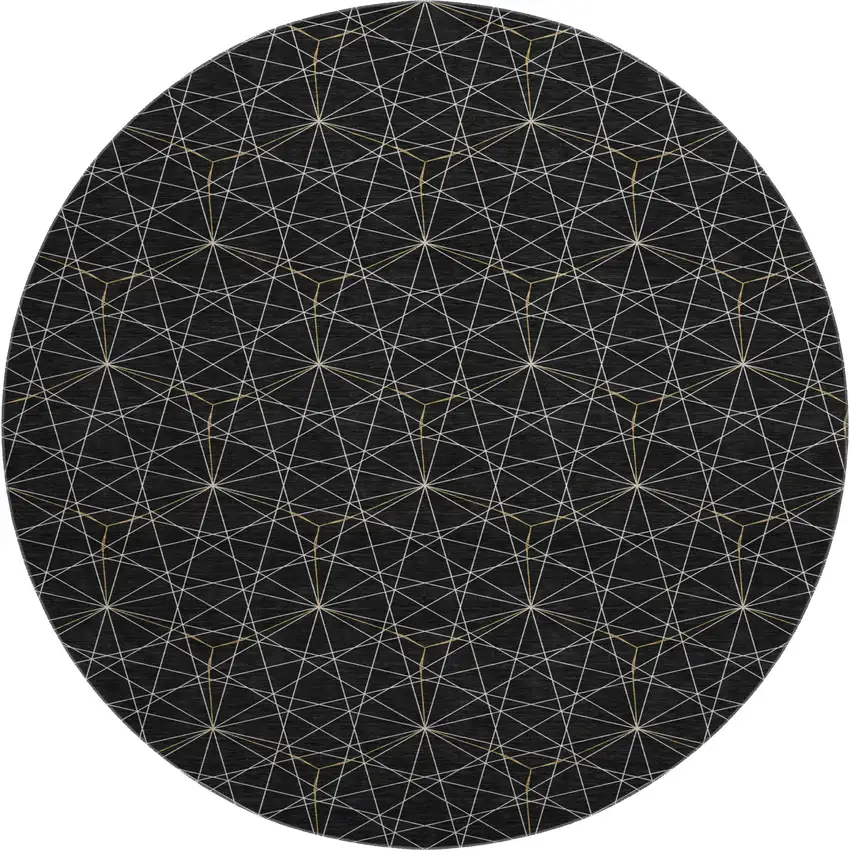 8' Black And Ivory Geometric Washable Round Rug With UV Protection Photo 1