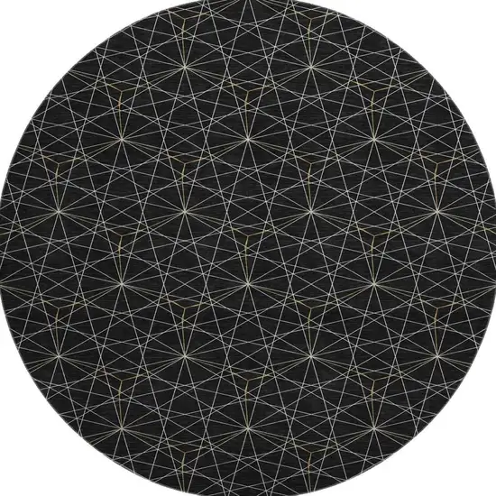 8' Black And Ivory Geometric Washable Round Rug With UV Protection Photo 3