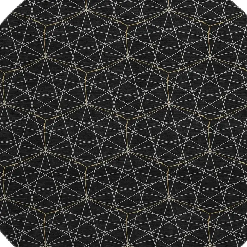 8' Black And Ivory Geometric Washable Round Rug With UV Protection Photo 2