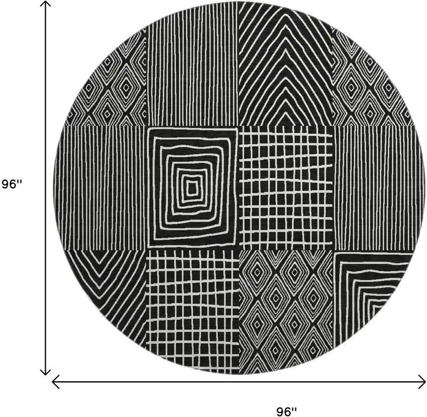 8' Black And Ivory Geometric Washable Round Rug With UV Protection Photo 9