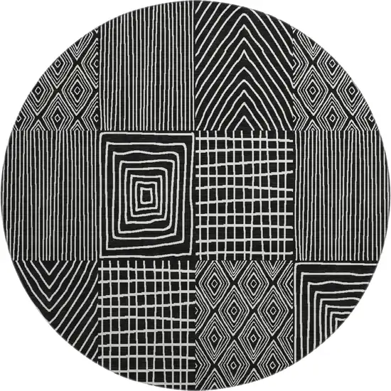 8' Black And Ivory Geometric Washable Round Rug With UV Protection Photo 1