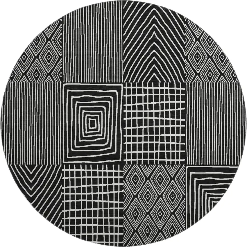 8' Black And Ivory Geometric Washable Round Rug With UV Protection Photo 1