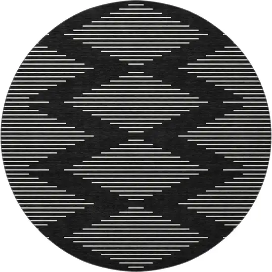 8' Black And Ivory Geometric Washable Round Rug With UV Protection Photo 2
