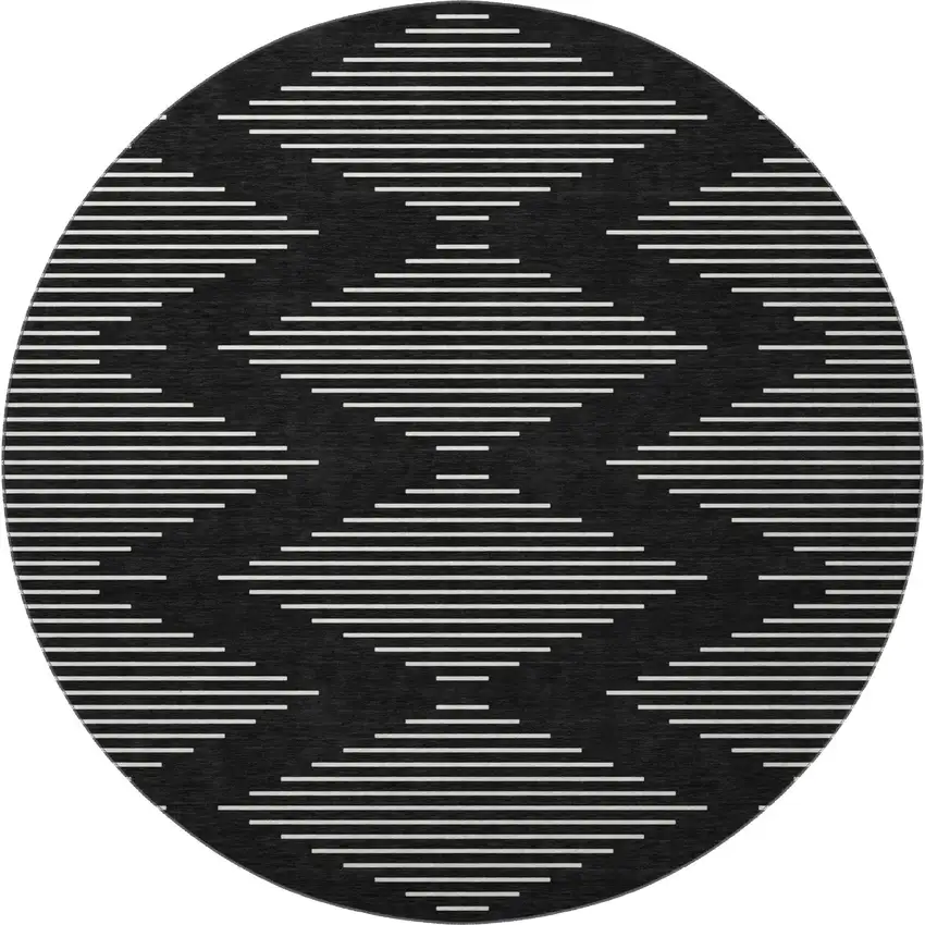 8' Black And Ivory Geometric Washable Round Rug With UV Protection Photo 2