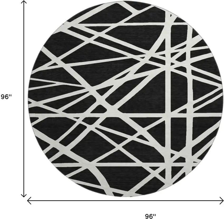 8' Black And Ivory Geometric Washable Round Rug With UV Protection Photo 9