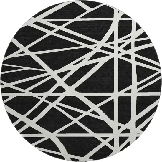8' Black And Ivory Geometric Washable Round Rug With UV Protection Photo 1