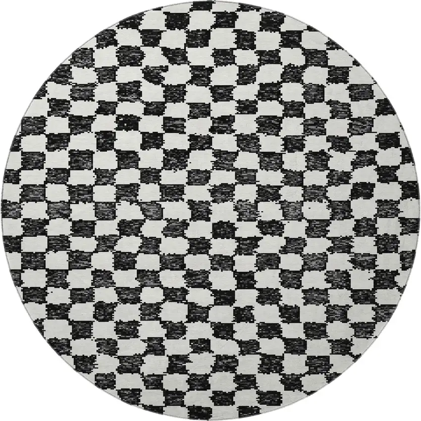 8' Black And Ivory Geometric Washable Round Rug With UV Protection Photo 4