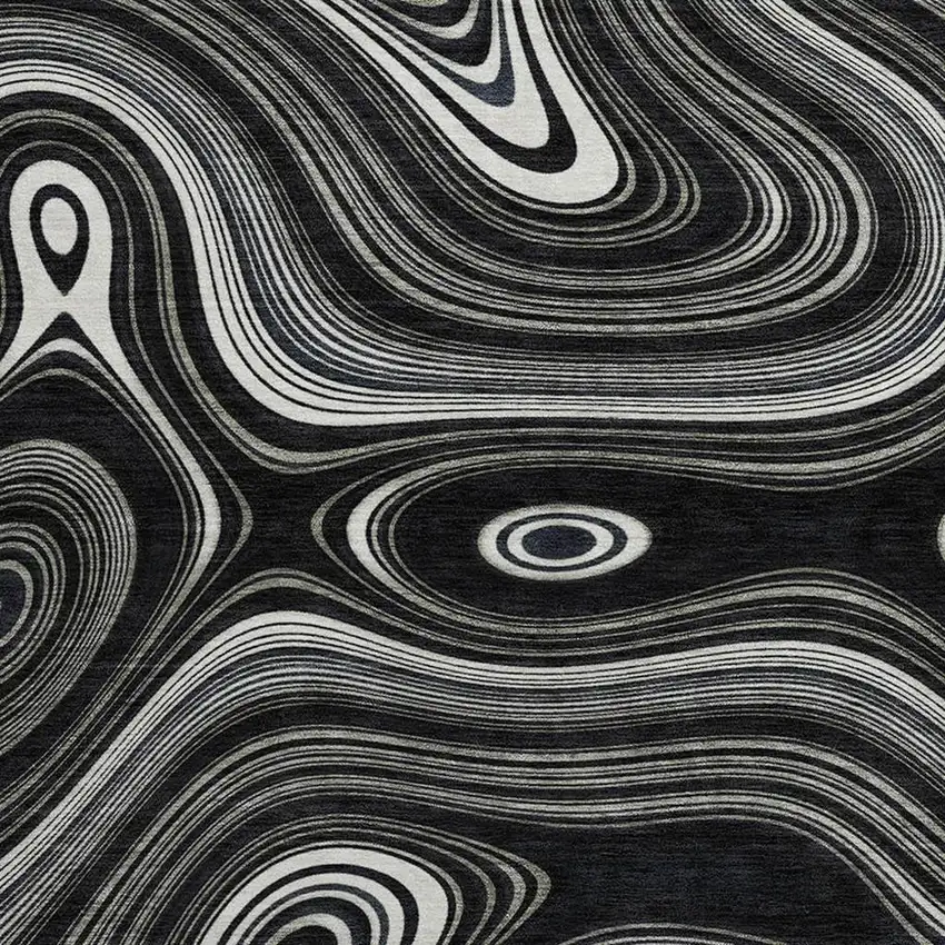 8' Black And Ivory Geometric Washable Round Rug With UV Protection Photo 3