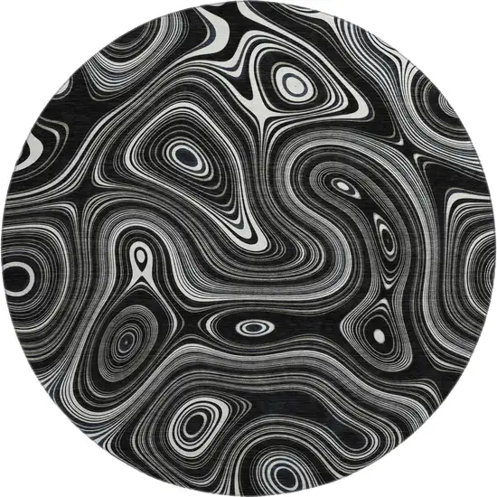 8' Black And Ivory Geometric Washable Round Rug With UV Protection Photo 1