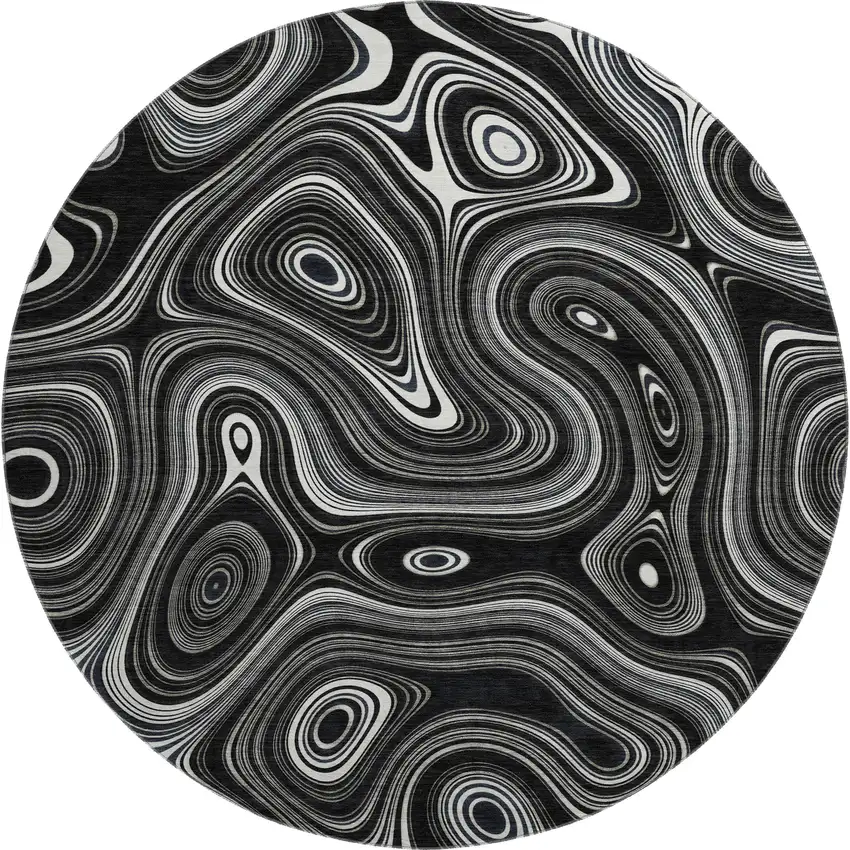 8' Black And Ivory Geometric Washable Round Rug With UV Protection Photo 1