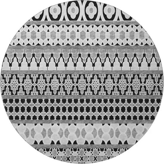 8' Black And Ivory Ikat Washable Round Rug With UV Protection Photo 4
