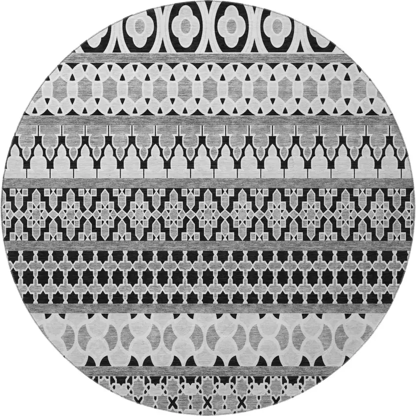 8' Black And Ivory Ikat Washable Round Rug With UV Protection Photo 4