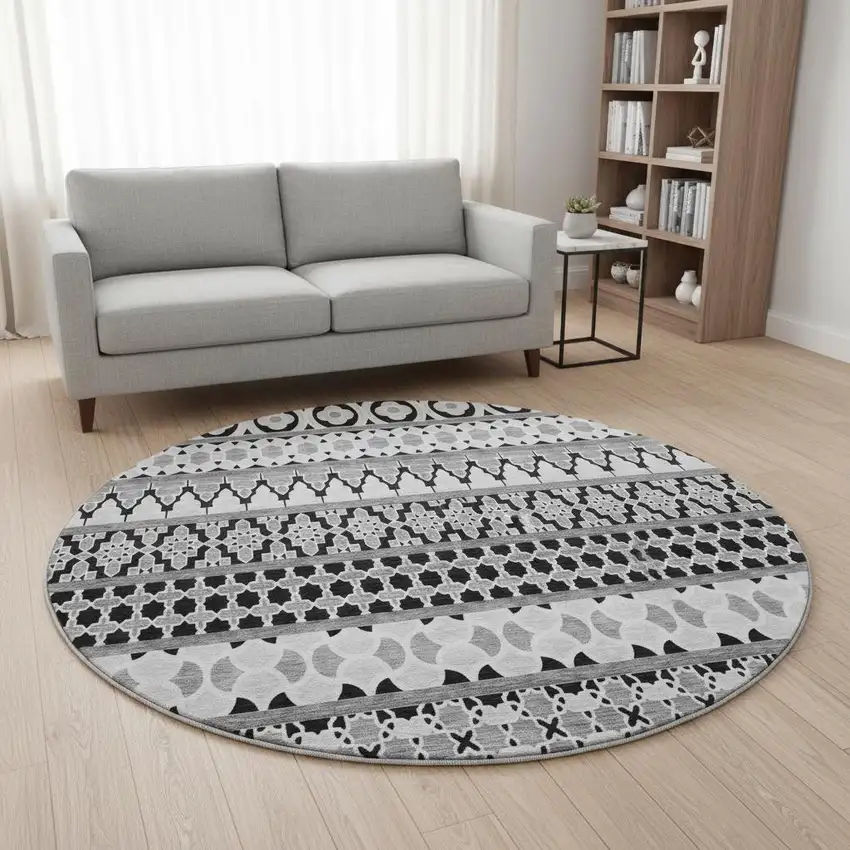 8' Black And Ivory Ikat Washable Round Rug With UV Protection Photo 2