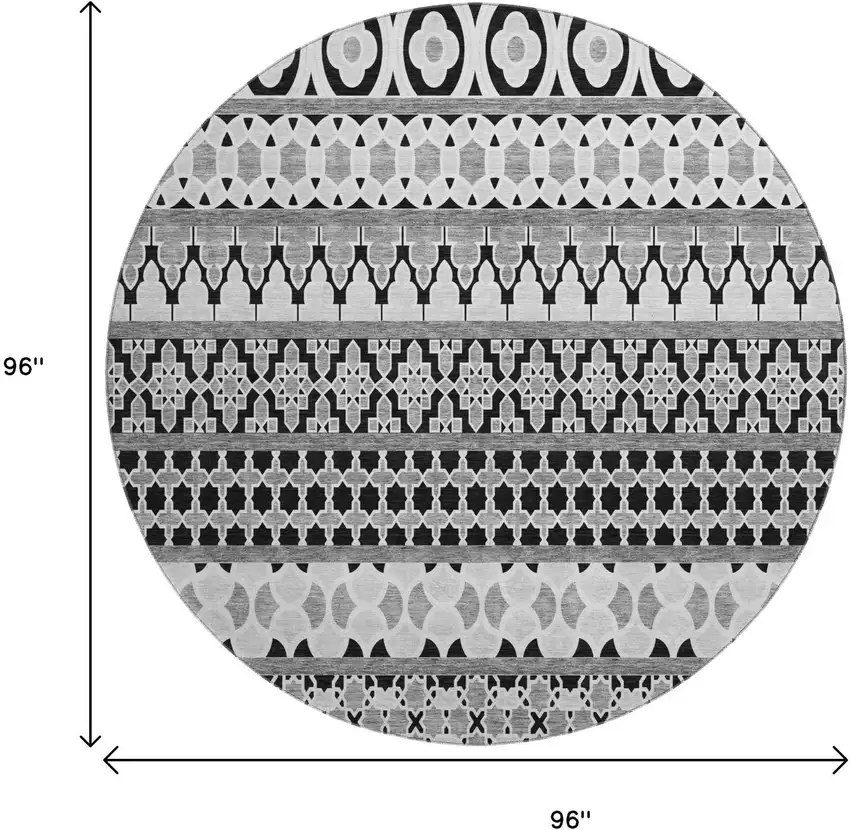 8' Black And Ivory Ikat Washable Round Rug With UV Protection Photo 3