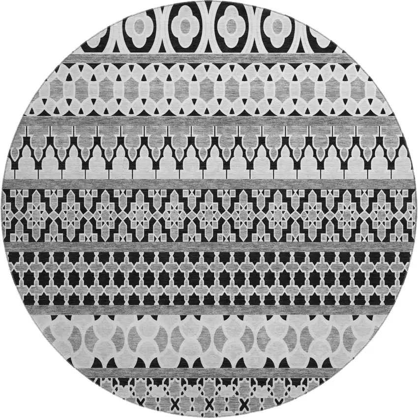 8' Black And Ivory Ikat Washable Round Rug With UV Protection Photo 1