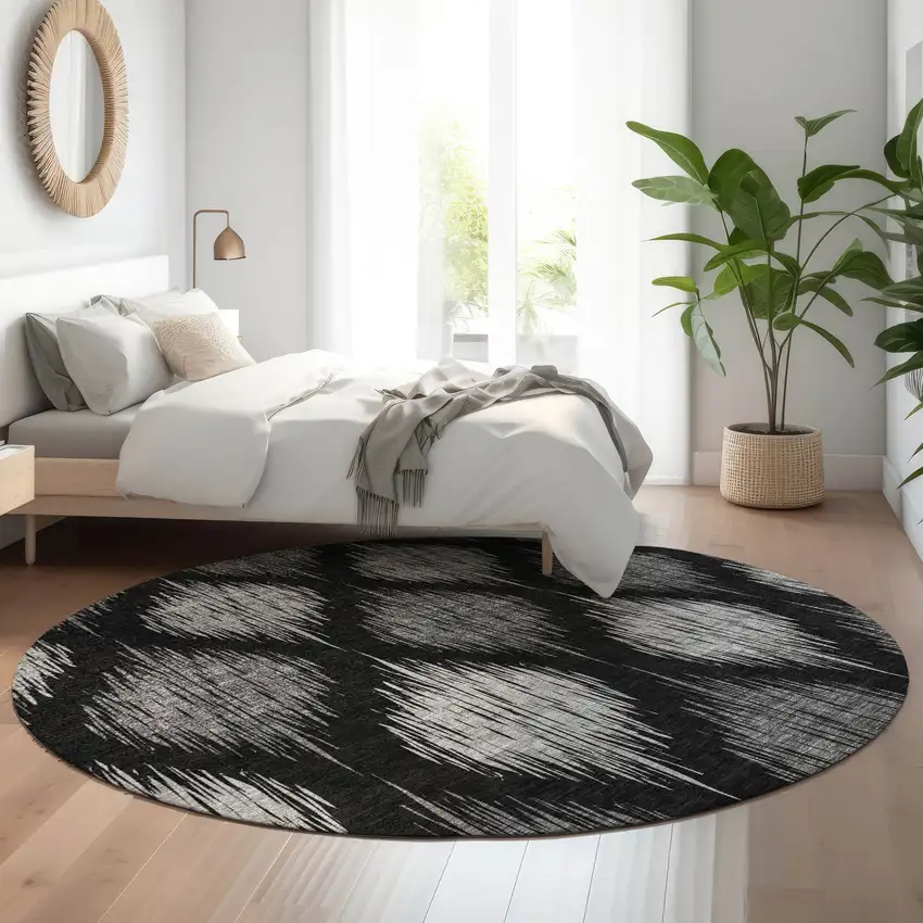 8' Black And Ivory Ikat Washable Round Rug With UV Protection Photo 5