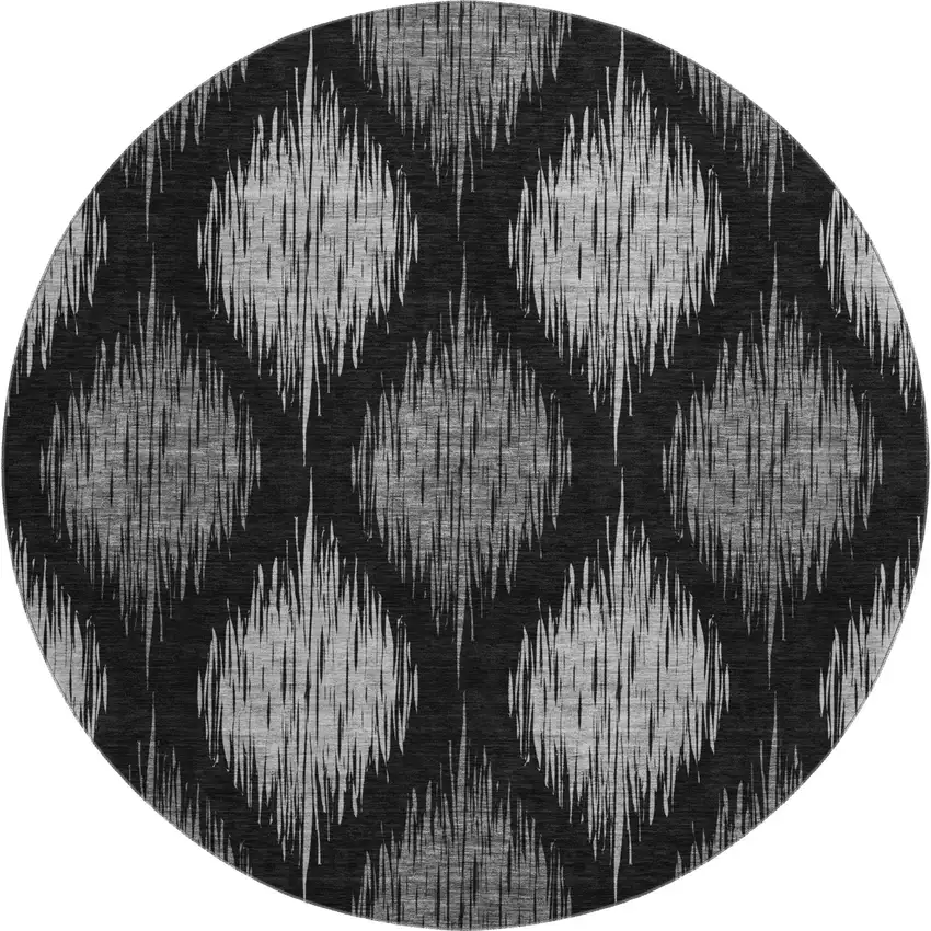 8' Black And Ivory Ikat Washable Round Rug With UV Protection Photo 1