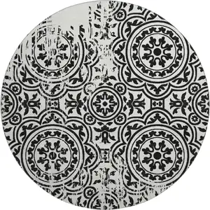 Photo of 8' Black And Ivory Medallion Washable Round Rug With UV Protection