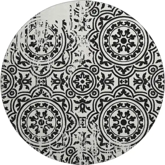 8' Black And Ivory Medallion Washable Round Rug With UV Protection Photo 1