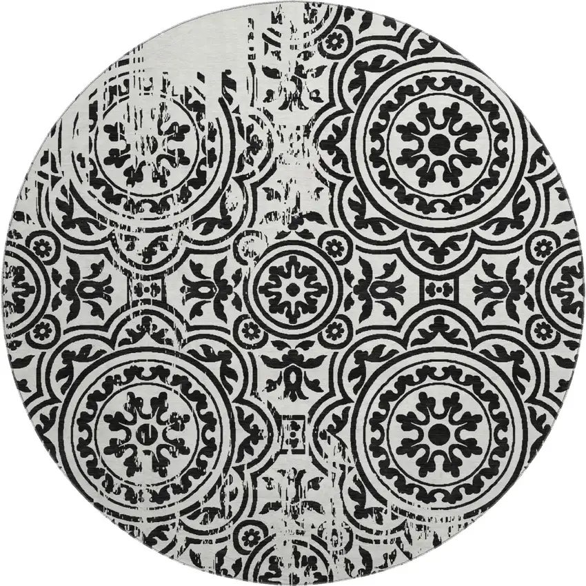 8' Black And Ivory Medallion Washable Round Rug With UV Protection Photo 1