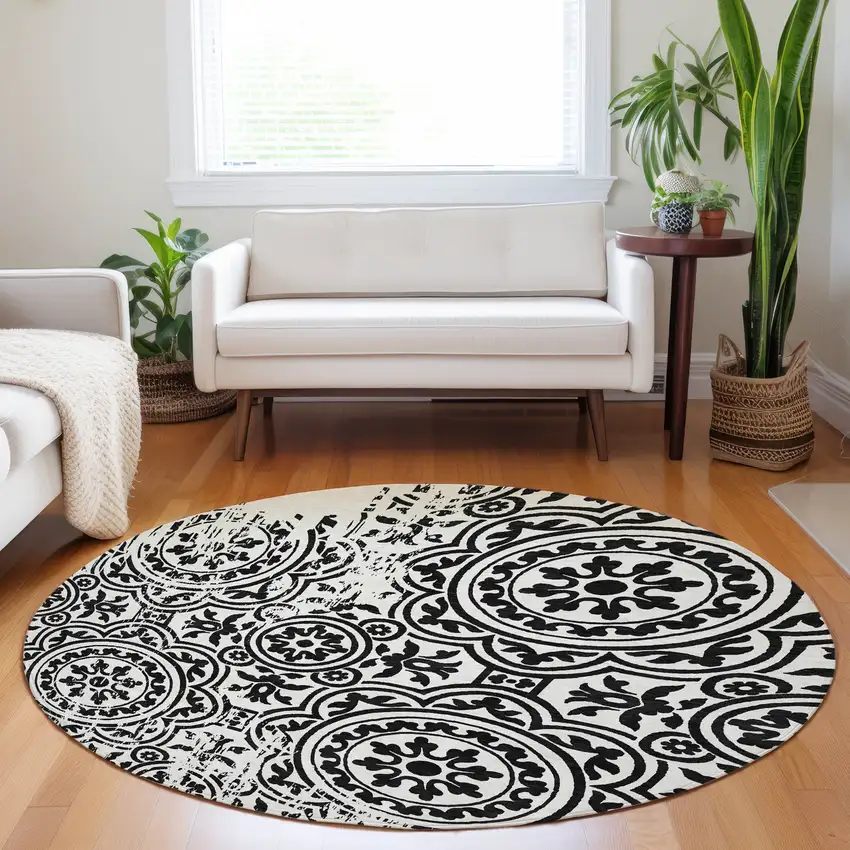 8' Black And Ivory Medallion Washable Round Rug With UV Protection Photo 5