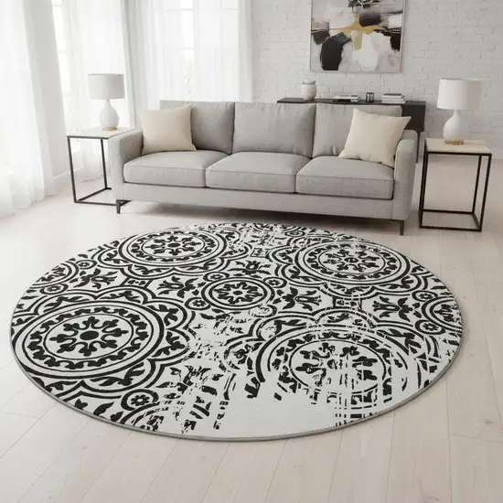 8' Black And Ivory Medallion Washable Round Rug With UV Protection Photo 2