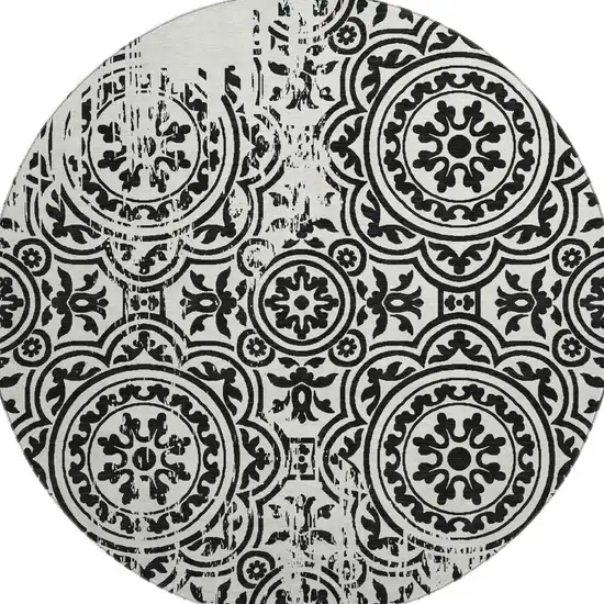 8' Black And Ivory Medallion Washable Round Rug With UV Protection Photo 3