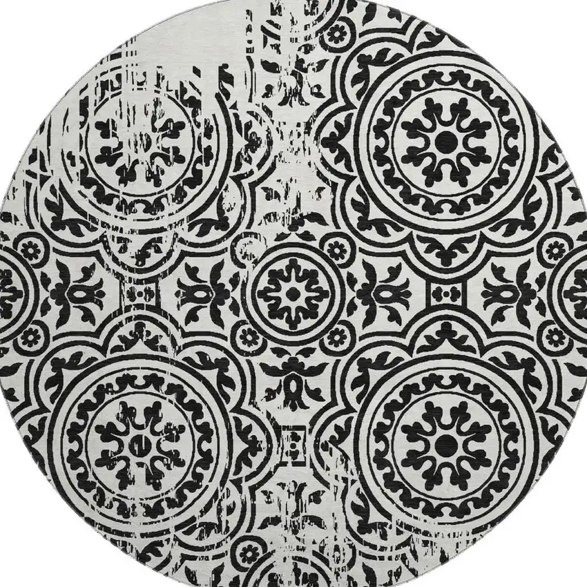 8' Black And Ivory Medallion Washable Round Rug With UV Protection Photo 3