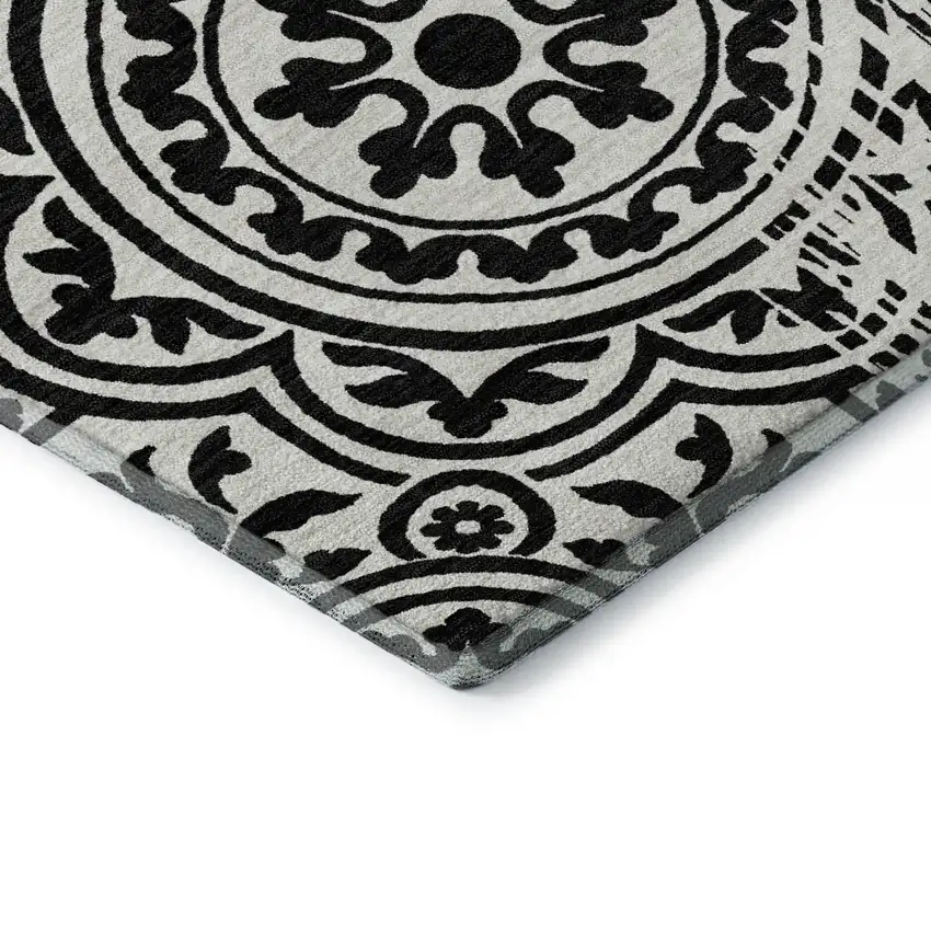 8' Black And Ivory Medallion Washable Round Rug With UV Protection Photo 7