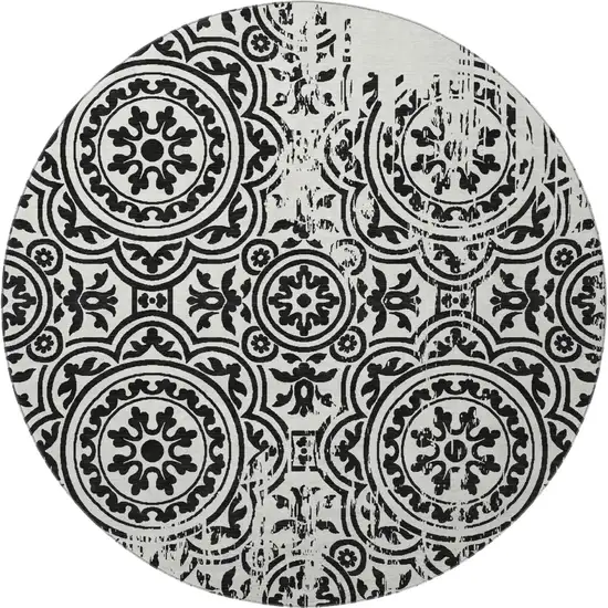 8' Black And Ivory Medallion Washable Round Rug With UV Protection Photo 4