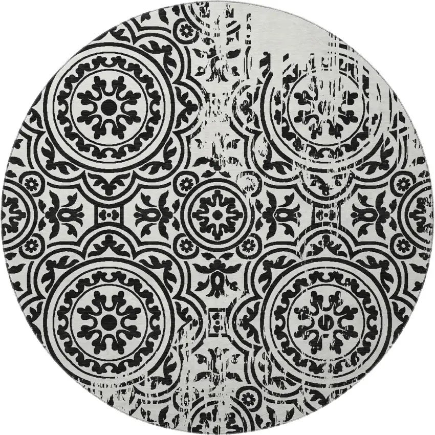 8' Black And Ivory Medallion Washable Round Rug With UV Protection Photo 4